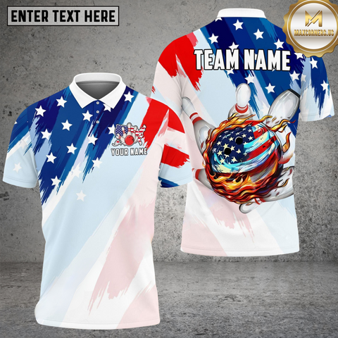 Maxcorners American Flag Flame Bowling Jersey Customized Name, Team Name 3D Polo Shirt