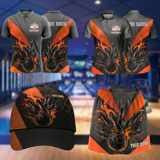 Maxcorners Bowling Flaming Bowling Ball Strike Design Personalized Team Sportswear Set - Polo Shirt, Cap & Skorts