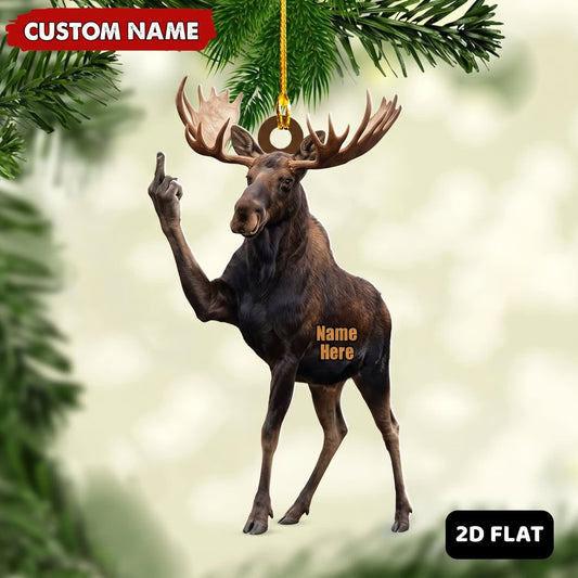 Maxcorners Moose Hunting Middle Finger Gesture Funny Moose Hunter Gift Customized Name 3D Keychain And Ornament