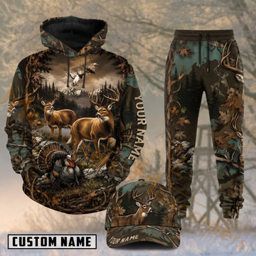 Maxcorners Hunting Wildlife Deer Bear Mountain Forest Personalized 3D Combo Hoodie, Sweatpants Set & Cap