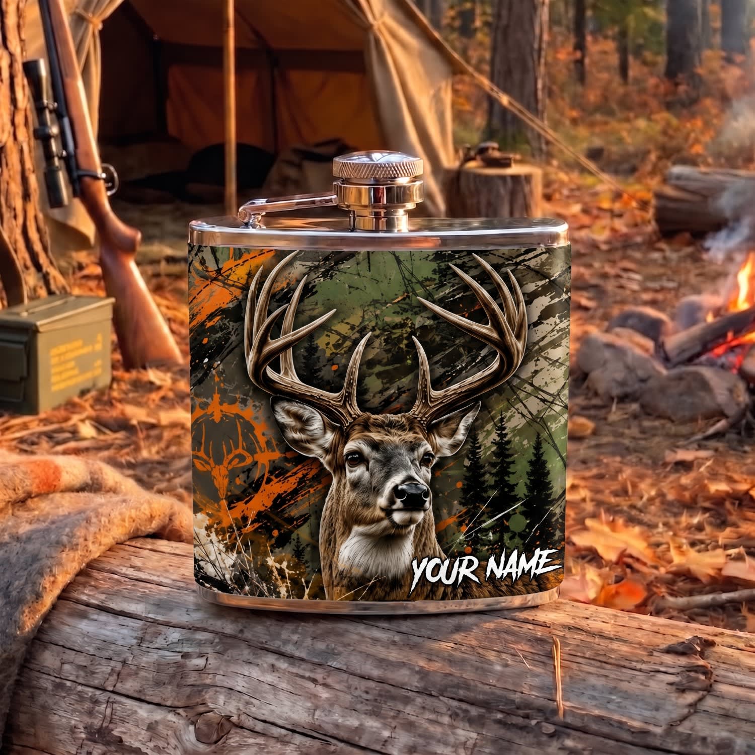 Maxcorners Hunting Whitetail Deer Forest Camouflage Design Personalized Name 3D Hip Flask
