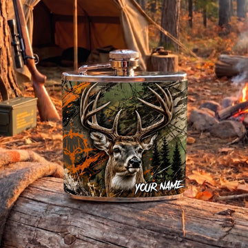 Maxcorners Hunting Whitetail Deer Forest Camouflage Design Personalized Name 3D Hip Flask