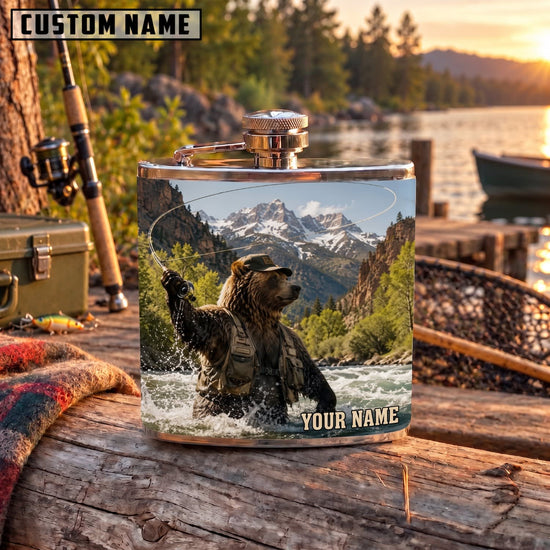 Maxcorners Fishing Bear Mountain Wilderness Personalized Name 3D Hip Flask