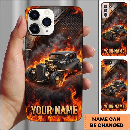 Maxcorners Hot Rod Black Vintage Car with Golden Fire and Smoke Personalized Name 3D Phone Case
