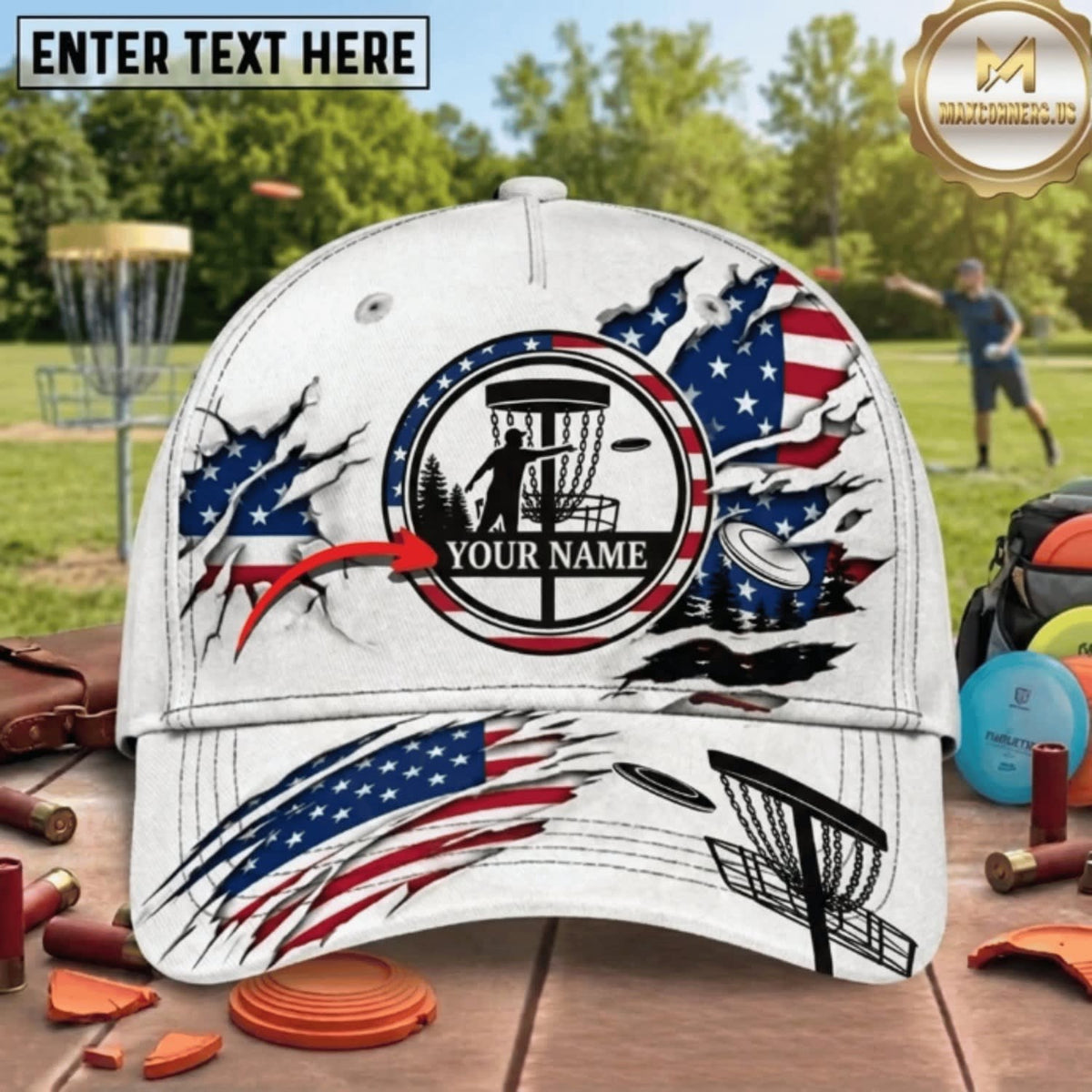 Maxcorners Disc Golf American Flag Eagle & Chain Basket Personalized Name 3D Cap LM3009