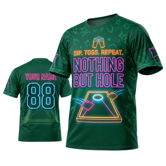 Maxcorners Cornhole Toss Repeat Nothing But Hole Green Neon Personalized Name 3D Unisex Shirt