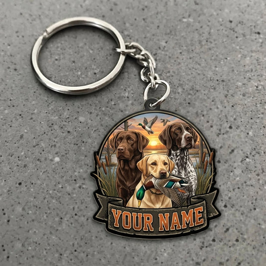 Maxcorners Duck Hunting Hunting Dog Duo Woodland Sunset Badge Custom Name Gift 2D Flat Acrylic Ornament, Keychain