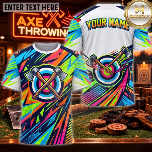 Maxcorners Axe Throwing Rainbow Neon Crossed Axes Personalized Name 3D Unisex Shirt
