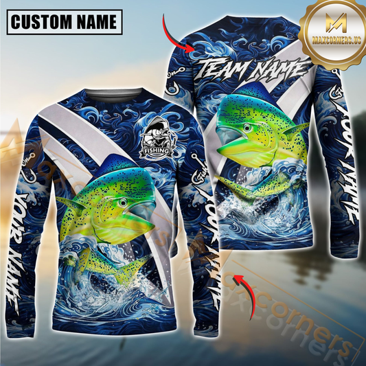 Maxcorners Mahi-Mahi Fishing Blue Lava Smoke Silver Line Design Custom Name & Team Name 3D Shirts
