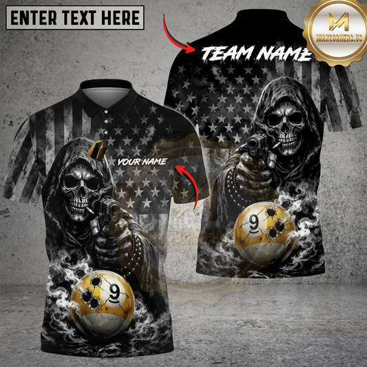 Maxcorners Billiards Ball 9 Reaper Bullet Hole US Flag Personalized Shirt