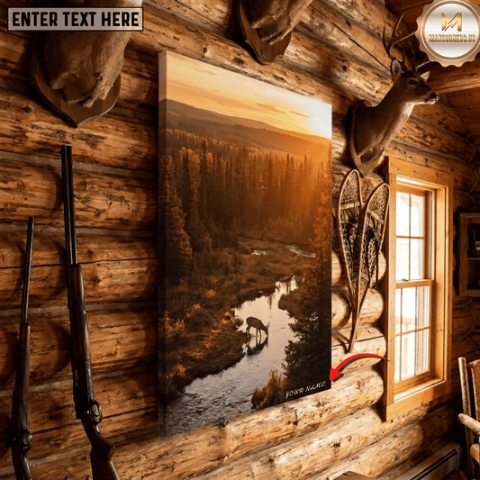 Maxcorners Deer Hunting Buck Drinking River Aerial View Autumn Forest Sunset Wetlands Canvas Wall Art