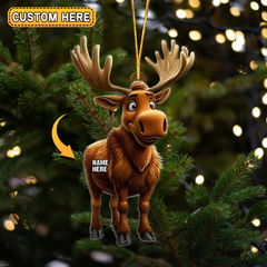 Maxcorners Personalized Cartoon Moose Xmas Hunting Acrylic Christmas Ornament And Keychain Custom Gift For Hunters 2D Flat
