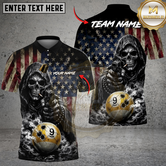 Maxcorners Billiards Ball 9 Reaper Bullet Hole US Flag Personalized Shirt