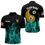 Maxcorners Turquoise Flaming Ying And Yang 8 Ball & 9 Ball Billiard Shirt For Men Custom Pool Billiard Jersey LM064