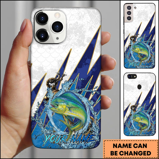 Maxcorners Mahi-mahi Fishing Phone Case Jumping Water Splash Blue Lightning Scale Pattern Personalized Name Phone Case