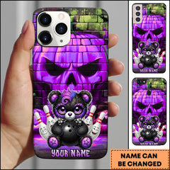Maxcorners Bowling Purple Skull Bear Character Brick Wall Personalized Name Phone Case