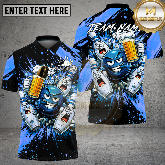 Maxcorners Bowling Beer Party Funny Cartoon Multicolor Options Personalized Name, Team Name 3D Shirt (4 Colors)