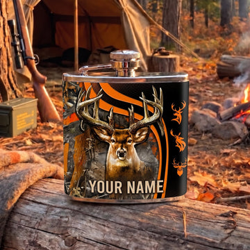 Maxcorners Hunting Whitetail Deer Antler Black Orange Design Personalized Name 3D Hip Flask
