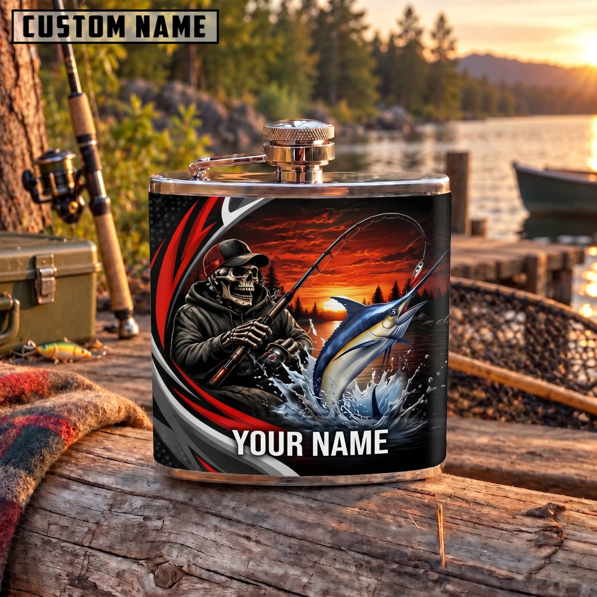 Maxcorners Fishing Skeleton Angler Marlin Sunset Personalized Name 3D Hip Flask