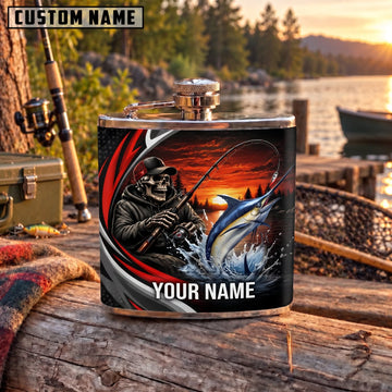 Maxcorners Fishing Skeleton Angler Marlin Sunset Personalized Name 3D Hip Flask