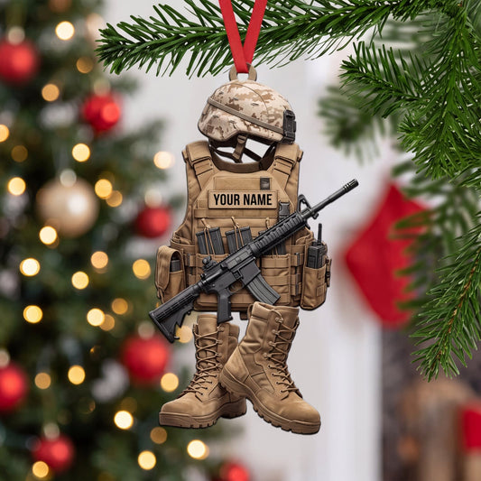 Maxcorners Military Desert Camo Helmet Vest And Rifle Personalized Name 3D Keychain And Ornament