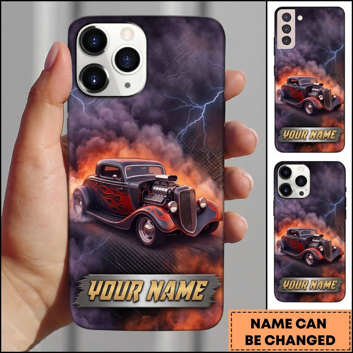 Maxcorners Hot Rod Red Classic Car with Purple Smoke and Orange Flame Personalized Name 3D Phone Case