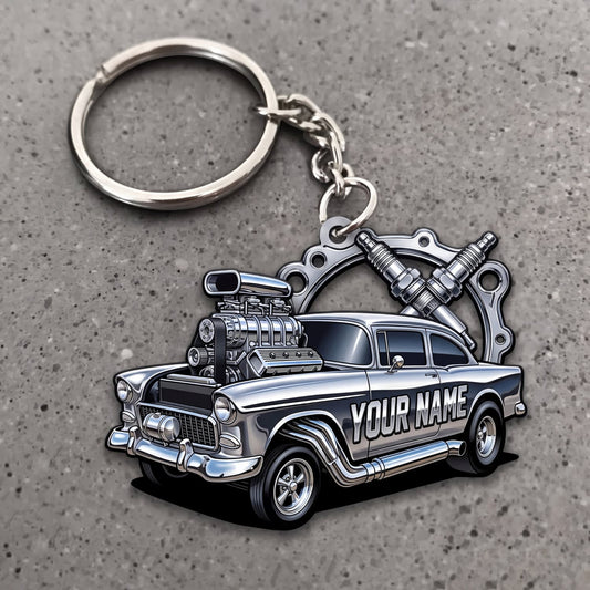 Maxcorners Classic Muscle Car Silver Vintage Coupe with Crossed Wrenches Personalized Name 3D Keychain And Ornament