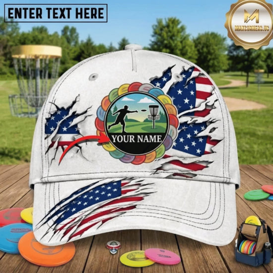 Maxcorners Disc Golf American Flag Flying Discs & Chain Basket Personalized Name 3D Cap LM3009