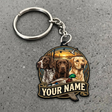 Maxcorners Duck Hunting Three Retriever Dogs Golden Horizon Scene Custom Name Gift 2D Flat Acrylic Ornament, Keychain