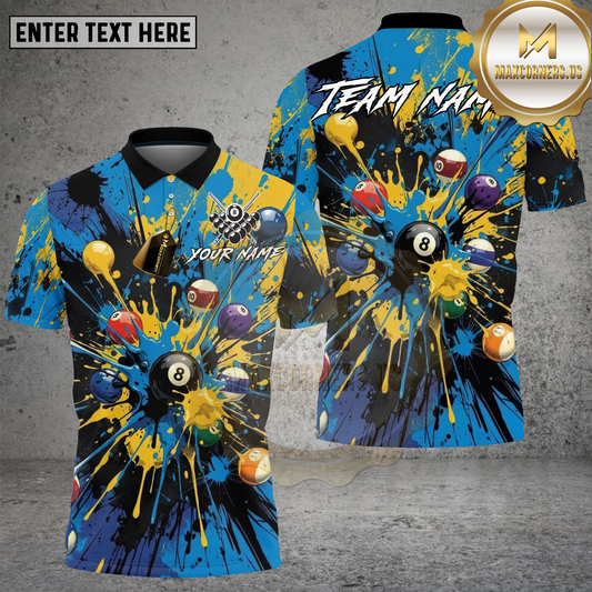 Maxcorners Billiards Shirt Explosive 8 Ball Blue Yellow Multicolor Options Personalized Name, Team Name 3D Shirt (4 Colors)