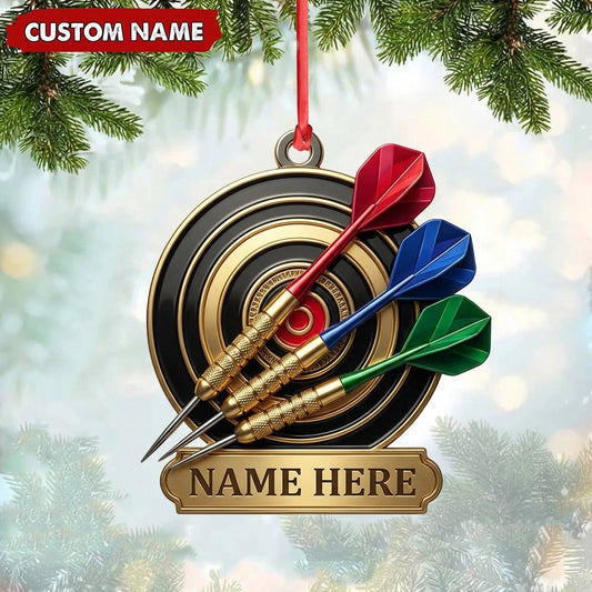 Maxcorners Darts Lover Metallic Spiral Swirl, Target Board, Triple Darts Personalized Name Ornament 2D Flat