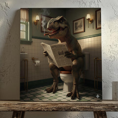 Maxcorners Funny Bathroom Wall Art Canvas – T-Rex Reading Newspaper Smoking Cigar Print for Man Cave Decor & Gag Gift for Men LM2611