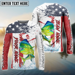 Maxcorners Mahi-Mahi Fishing American Flag Seawave Personalized Name, Team Name 3D Long Sleeve Shirt