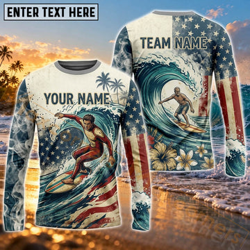 Maxcorners Surfing Golden Coastal Wave Art Customized Name, Team Name 3D Long Sleeve Shirt