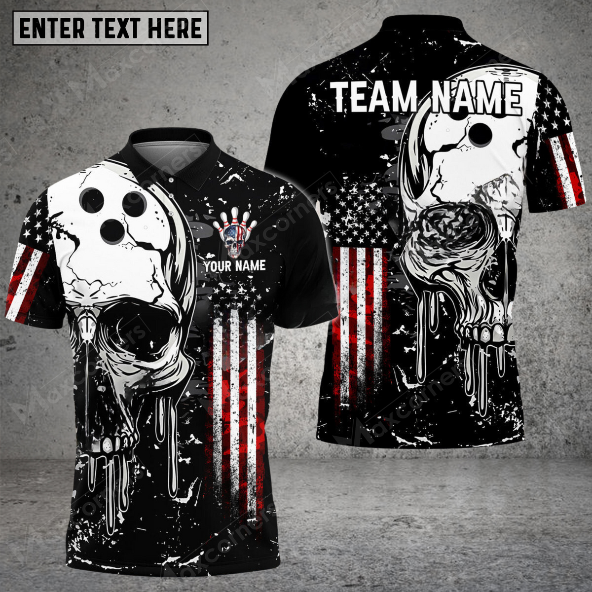 Maxcorners Skull American Flag Bowling Jersey Customized Name, Team Name 3D Polo Shirt