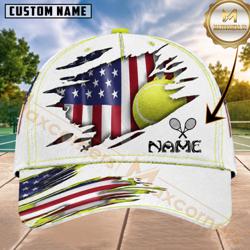 Maxcorners Tennis Dynamic Player USA Flag Ripped White Navy Red 3D Design Personalized Name 3D Cap