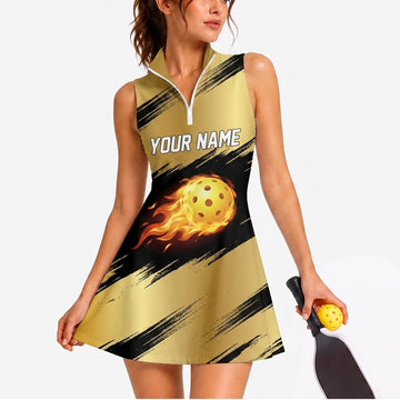 Maxcorners Pickleball Sleeveless Zipper Sports Dress Set Golden Solar Fireball Personalized Name 3D Sleeveless Zipper Sports Dress Set