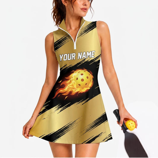 Maxcorners Pickleball Sleeveless Zipper Sports Dress Set Golden Solar Fireball Personalized Name 3D Sleeveless Zipper Sports Dress Set