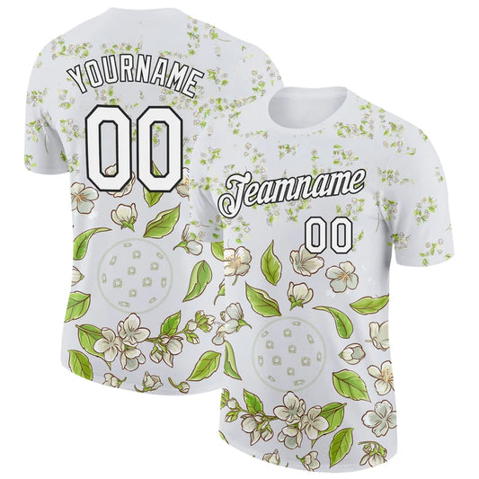 Maxcorners Pickleball Ball Leaf White Green Apple Blossom Botanical Pattern Personalized Name 3D Unisex Shirt