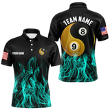 Maxcorners Turquoise Flaming Ying And Yang 8 Ball & 9 Ball Billiard Shirt For Men Custom Pool Billiard Jersey LM064