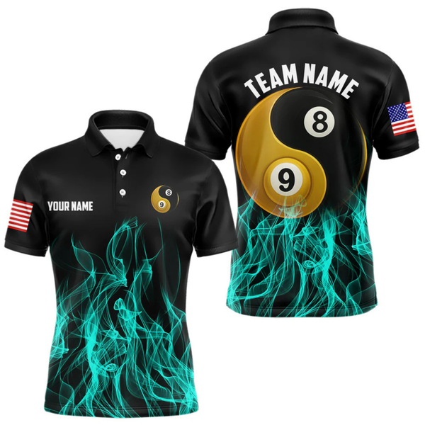 Maxcorners Turquoise Flaming Ying And Yang 8 Ball & 9 Ball Billiard Shirt For Men Custom Pool Billiard Jersey LM064
