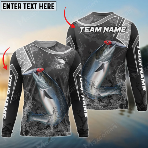 Maxcorners Salmon Fishing Gray Camo Sport Personalized Name, Team Name 3D Long Sleeve Shirt