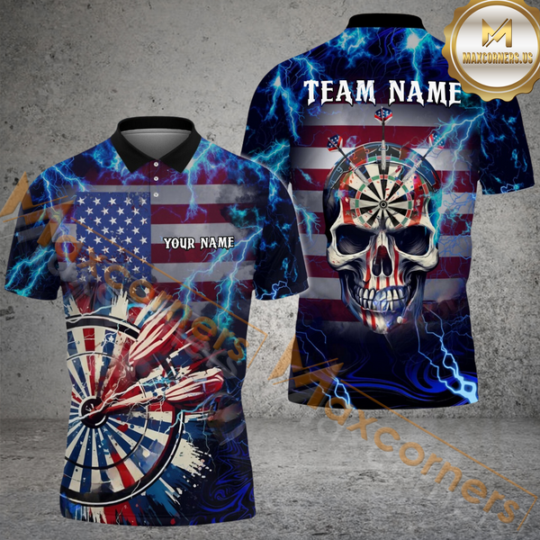 Maxcorners Darts American Flag Thunder Skull Customized Name, Team Name 3D Polo Shirt