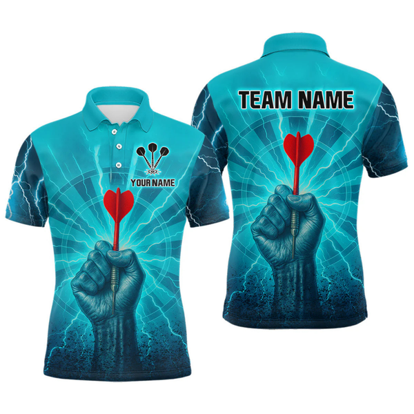 Maxcorners Men’s Custom Darts Shirt - Turquoise Lightning Fist With Maroon Dart Arrow LM2404