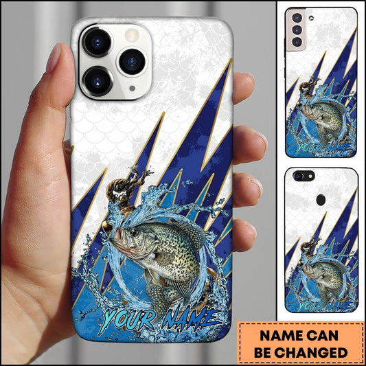 Maxcorners Crappie Fishing Phone Case Jumping Water Splash Blue Lightning Scale Pattern Personalized Name Phone Case