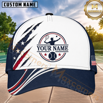Maxcorners Tennis Patriotic Player Badge USA Flag White Navy Red 3D Design Personalized Name 3D Cap