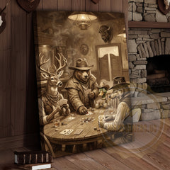 Maxcorners Wild West Poker Canvas Wall Art - Animals Playing Cards Saloon Print