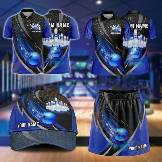 Maxcorners Bowling Bowling Ball And Pins Motion Design Personalized Team Sportswear Set - Polo Shirt, Cap & Skorts
