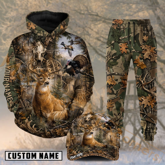 Maxcorners Hunting Whitetail Deer Woodland Forest Camo Personalized 3D Combo Hoodie, Sweatpants Set & Cap