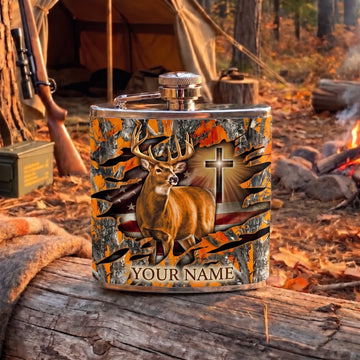 Maxcorners Hunting Whitetail Deer Cross Rustic Woodland Design Personalized Name 3D Hip Flask